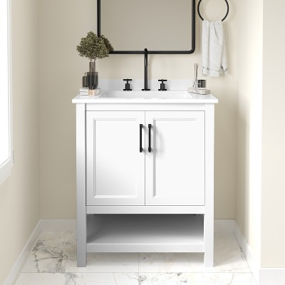 Emma and Oliver Bathroom Vanity, Single Sink Cabinet with 2 Soft Close Doors and Open Shelf, Carrara Marble Finish Countertop