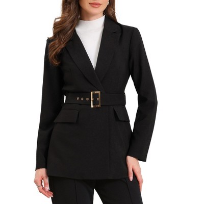 Allegra K Women Long Sleeve Collared Belted Business Casual Suit Jacket Blazer