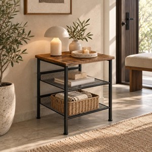 3-Tier Industrial Square End Table, Metal Frame & Mesh Shelves, Wood ...
