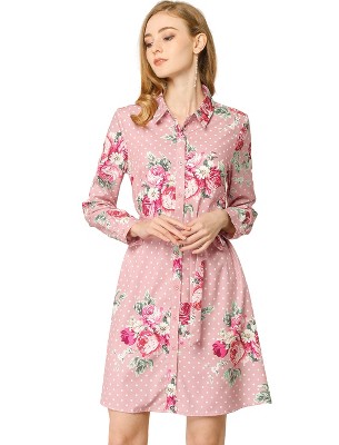 INSPIRE CHIC Women's Lapel Button Down Belted Mini Vintage Polka Dots Floral Shirt Dress