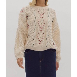 Women's Cable Knit Round Neck Sweater - entro - 1 of 4