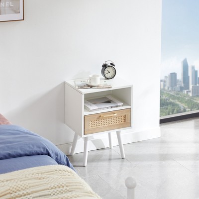 Wooakway 15.75"L 22.05"H 1.81"D 4-Leg Rattan End Table Side Table Nightstand with Drawer for Living Room Bedroom
