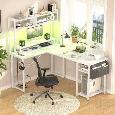 Aheaplus L Shaped Desk with Charging Staion and LED Light, Corner Desk with Hutch and Monitor Stand