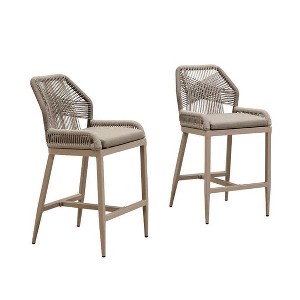 PURPLE LEAF Patio Sunbrella Bar Stools Set of 2 Handwoven Wicker Bar Height Stool Modern Aluminum Outdoor Wicker Barstools with Back and Cushion - 1 of 1