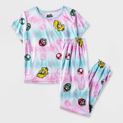 Girls Super Mario 2pc Short Sleeve and Joggers Pajama Set Light Blue Pink XS