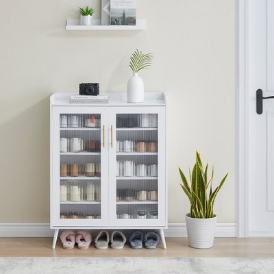 White Accent Cabinet with Glass Doors, Modern Sideboard for Kitchen, Dining Room, Hallway, Entryway Storage