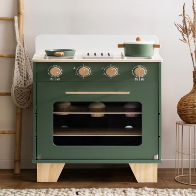 ROBOTIME Kids Wooden Toy Oven Kitchen Play with Play Food, Green, 16.1"*11"*22.6"