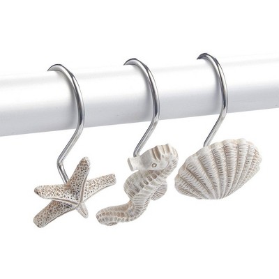 12-Pack Coastal White Seashell and Seahorse Shower Curtain Hooks
