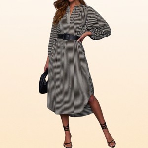 casual shirt dresses with sleeves EadianDree Womens Long Sleeve Striped Midi Dress V Neck Lantern Sleeve Belted Loose Fit Shirt Dresses,Black Pearl White Wedding Dress Colour:Navy Blue classic_costumes White shirt this is very important