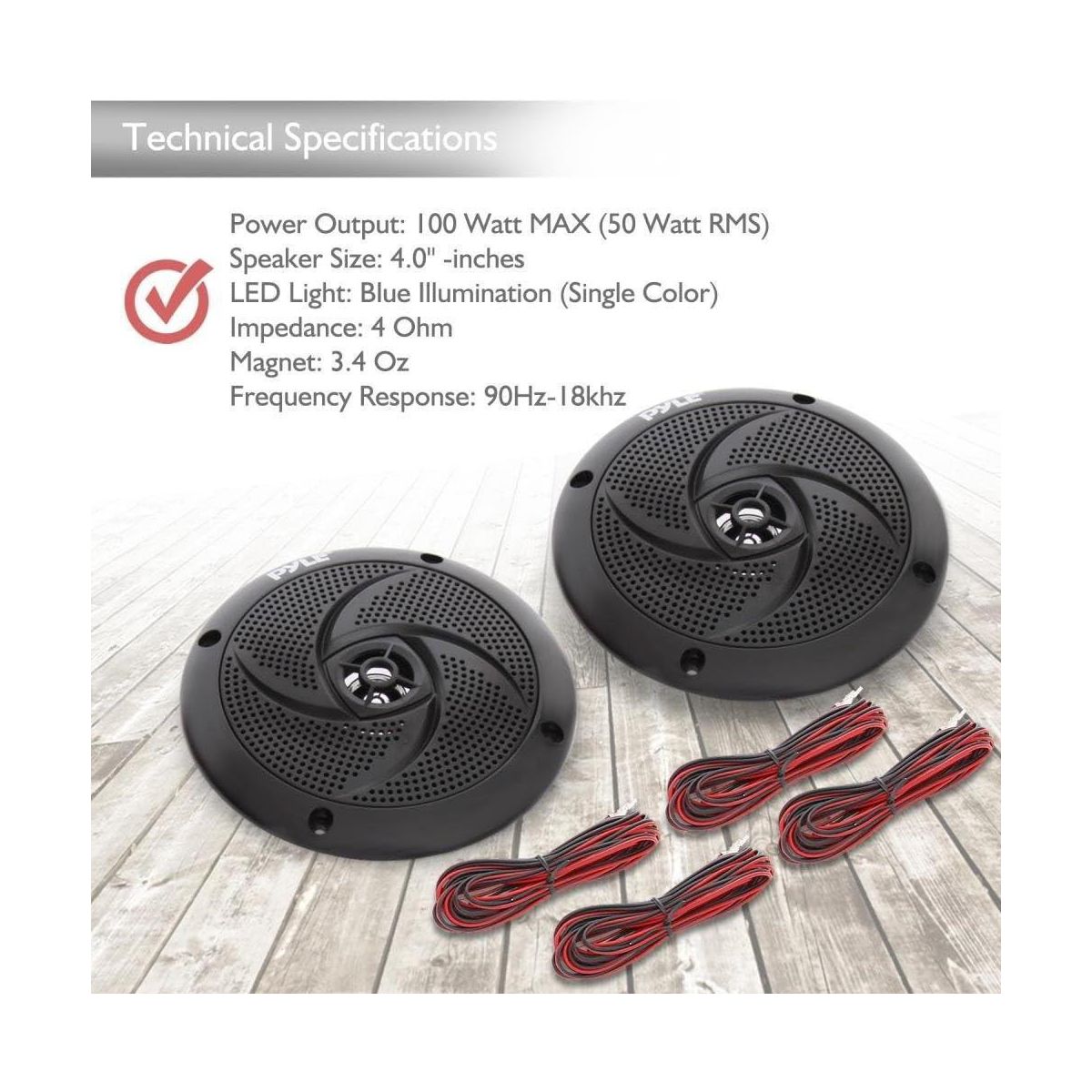 Pyle 4'' Low-Profile Waterproof Marine Speakers with Built-in Blue LED Lights, 100 Watt Max Power Output, 2-Pack - thumbnail 5