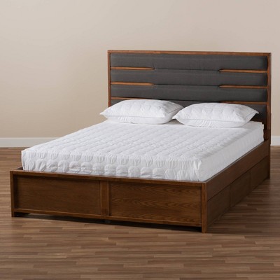 Elin Walnut King Storage Bed with Grey Upholstered Headboard