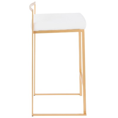 Gold Metal Bar Stools with White Velvet Cushions, Set of 2