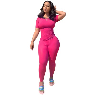 DOMETOUR Casual Workout Yoga Sports Two Piece Outfits for Women Fitted Crew Neck T-shirt High Waist Pants