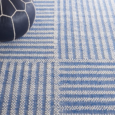 Ivory and Blue Flat Woven Wool Area Rug