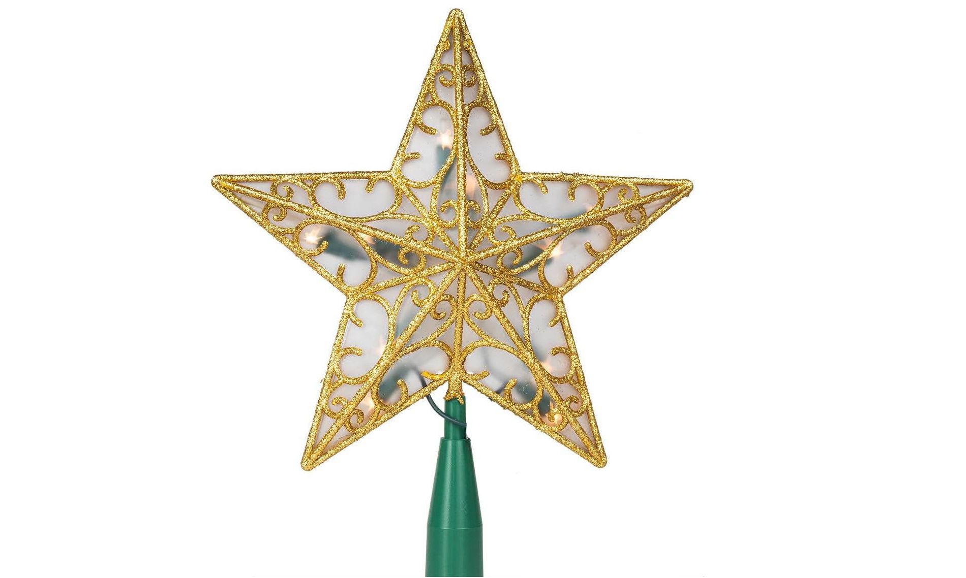 Aoibox 11 Inch Gold Star Christmas Tree Topper Set with 10 Warm White Lights Glitter Metal Wire Design for Holiday Tree Decoration