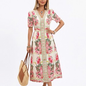target floral midi dress Women's Flowy Floral Midi Dress  Lace-Up A-Line Sundress with  Slit,Black,Large