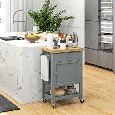 Gray Wood Rolling Kitchen Cart with Butcher Block Top and Storage