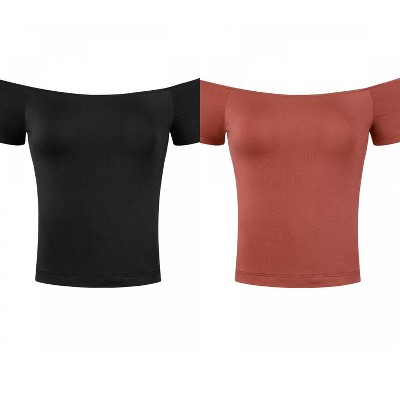 Allegra K Women's Short Sleeves Off The Shoulder Stretchy Fabric Solid Crop Top 2 Packs