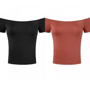 Allegra K Women's Short Sleeves Off The Shoulder Stretchy Fabric Solid Crop Top 2 Packs - 1 of 4