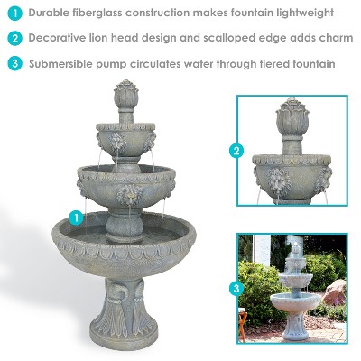 Gray 53" Fiberglass and Resin 4-Tier Lion Head Outdoor Water Fountain