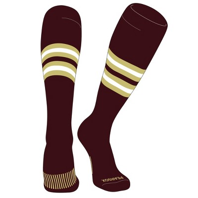 PEAR SOX Striped OTC Baseball, Softball, Football Socks (F) Maroon, Vegas Gold, White (M)