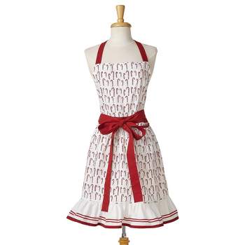 tag Oh What Fun Candy Cane Print Frill Cotton Apron, Halter Neck Ties, Waist Ties, and 2 Pockets, One Size Fits Most
