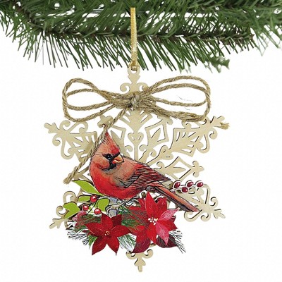 5.0 Inch Red Cardinal and Poinsettia Wooden Snowflake Ornament