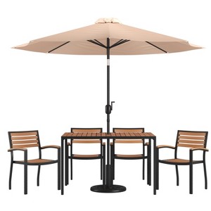 Merrick Lane 7 Piece Dining Set with Umbrella & Base - Steel Framed Table with Umbrella Hole & 4 Club Chairs - 1 of 4