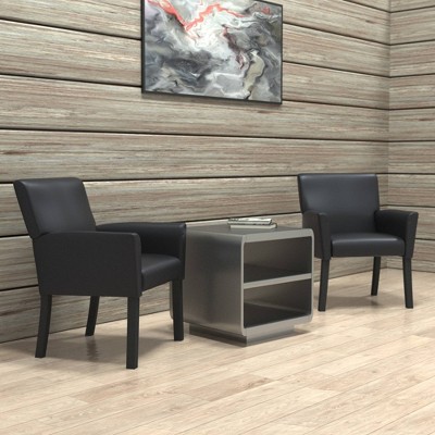 Executive Box Arm Reception Chair in Black LeatherPlus with Wood Legs