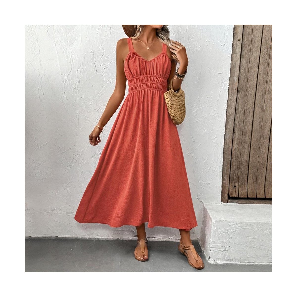 Женские платья YesFashion Womens Summer Dresses Sleeveless Button Down Smocked Waist Casual A-Line Swing Midi Dress Sundress Mahogany M — фото 3