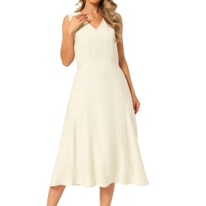 INSPIRE CHIC Women's Casual Summer Sleeveless V Neck Casual Flowy A-Line  Midi Dresses with Pocket Small Apricot