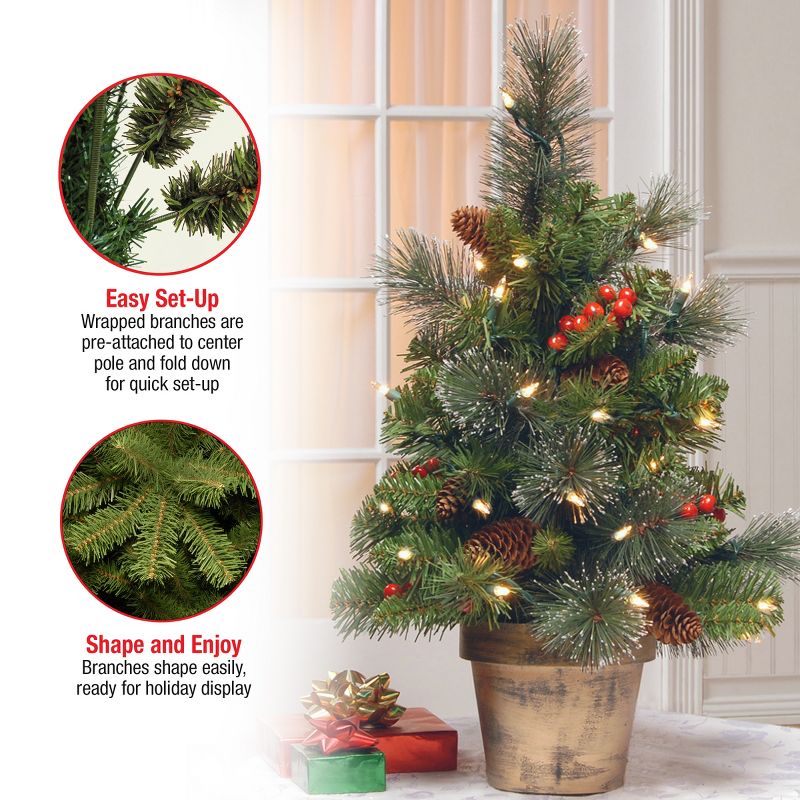 National Tree Company 2 ft Pre-Lit Artificial Mini Christmas Tree, Green, Crestwood Spruce, White Lights,Pine Cones, Frosted Branches, Pot Base, 6 of 8