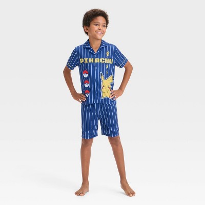 Boys' Pokémon 2pc Short Sleeve Baseball Jersey Coat Pajama Set - Navy Blue