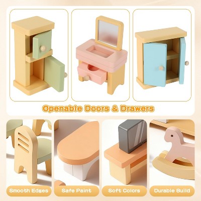 Etokfoks 35pcs Wooden Dollhouse Furniture Set 5 Room Kit with Dolls Pretend Play Accessories for Kids Ages 3 to 8 Birthday Gift — фото 5
