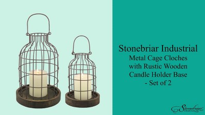 Rustic Brown Metal Wire Candle Lantern Set with Wooden Base