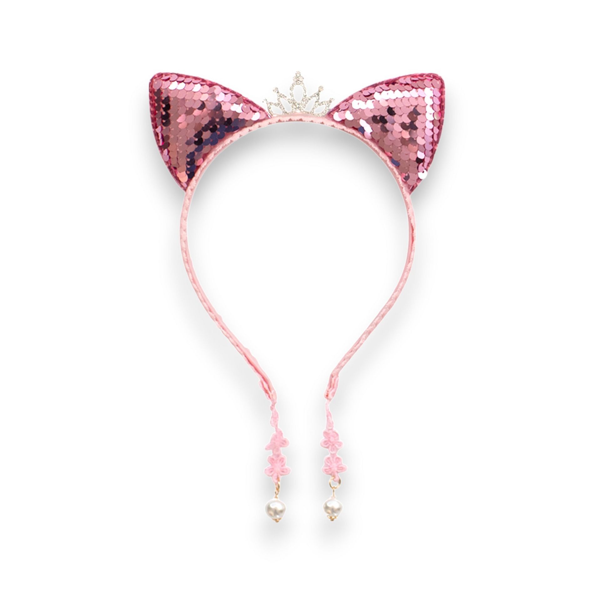 Summer Crystal - Small Sequin Cat Ears Headband with Pearl Earring Pendants - 1 Pack