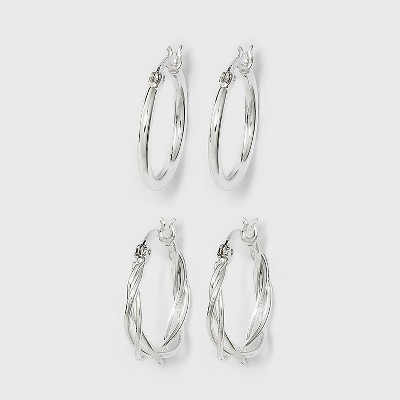 Silver Plated Braided and Polished Hoop Earring Set - A New Day™ Silver