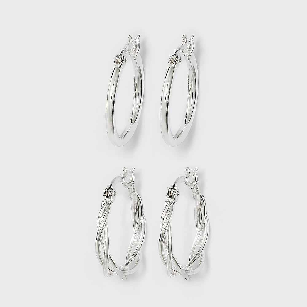 Photos - Earrings Silver Plated Braided and Polished Hoop Earring Set 2pc - A New Day™ Silve