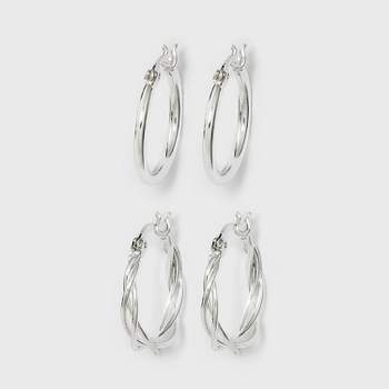 Silver Plated Braided and Polished Hoop Earring Set 2pc - A New Day™ Silver