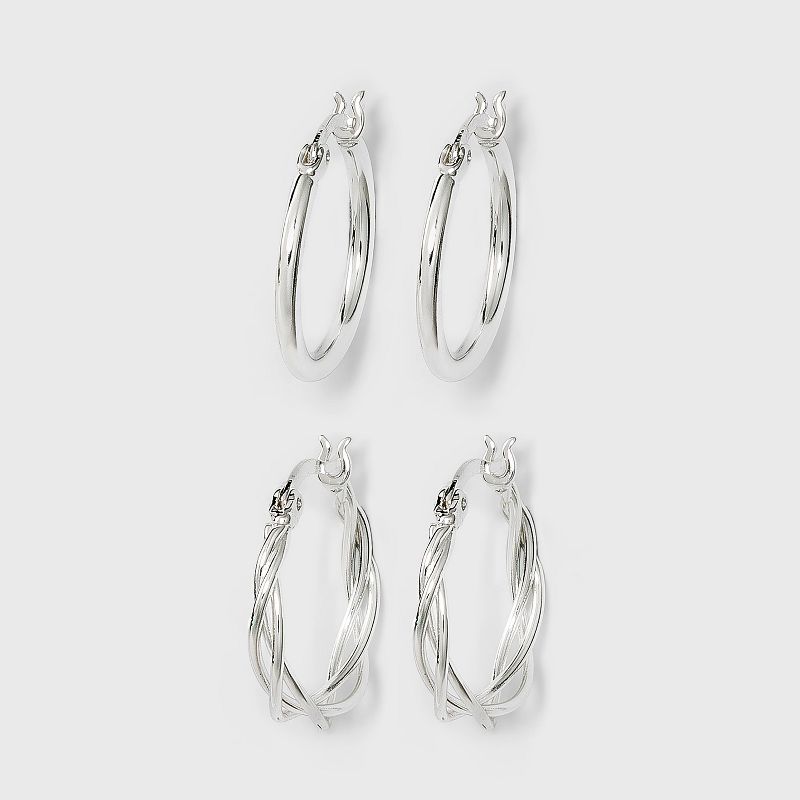 Silver Plated Braided and Polished Hoop Earring Set 2pc - A New Day&#8482; Silver, 1 of 3