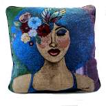 Home Decor 16.0" Blue Ivory Pillow Tapestry Look Flowers  -  Decorative Pillow