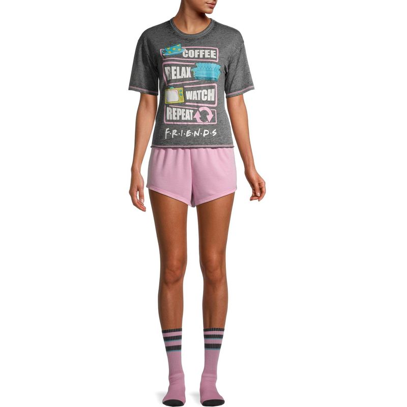 Women's Friends TV Show Pajama Set 3 PC Burnout Shirt Shorts W/ Crew Socks, 1 of 7