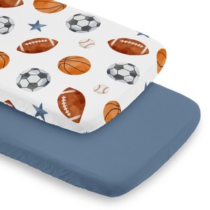 Sweet Jojo Designs Boy Baby Bassinet Fitted Sheets Set Watercolor Sports Theme Blue Brown and Orange 2pc - 1 of 4