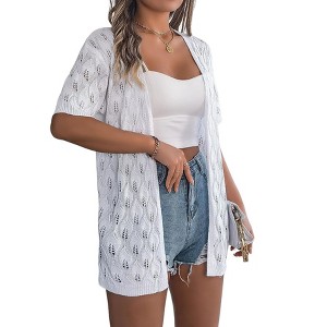 Women 2025 Lightweight Crochet Cardigan Short Sleeve Open Front Knit Sweater Summer Hollow Out Crochet Cover Up - 1 of 4