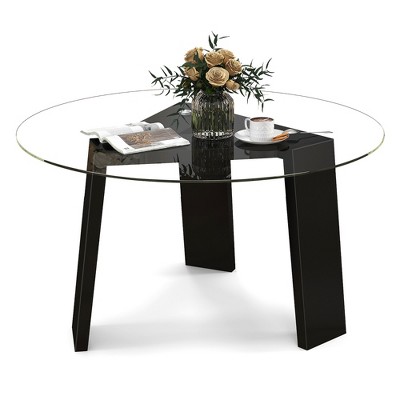 Tangkula Round Coffee Table Modern Tempered Glass Top Accent Table w/ Transparent Tabletop