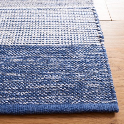 Grey and Blue Wool Cotton Striped 5' x 8' Area Rug