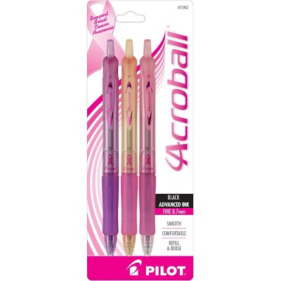 Pilot 3ct Acroball Breast Cancer Awareness Ballpoint Pens Fine Point 0.7mm Black Ink: Retractable, Rubber Grip, Stationery Set