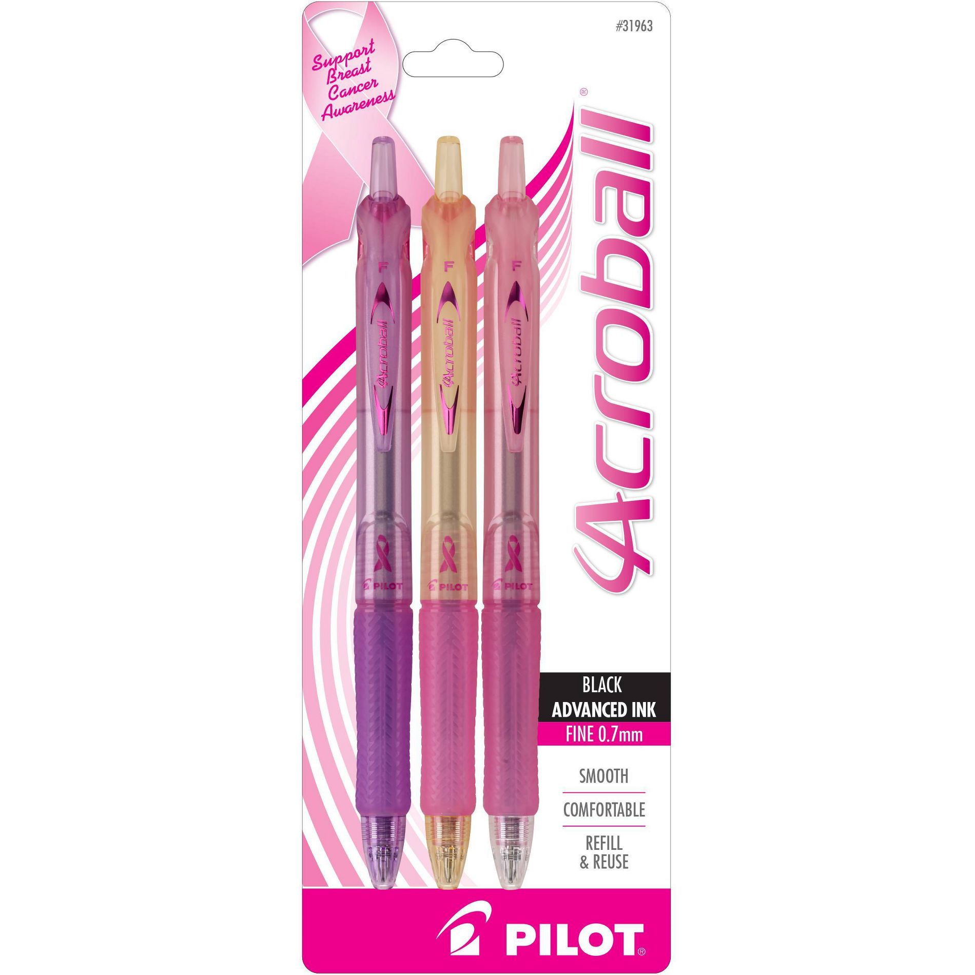 Pilot 3pk Acroball Breast Cancer Awareness Ballpoint Pens Fine Point 0.7mm Black Ink