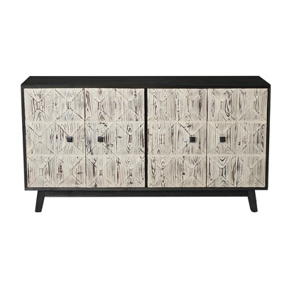 TIRAMISUBEST 60" Black Vintage 4-Door Sideboard with Wheels - Mobile Storage Cabinet with Carved Doors