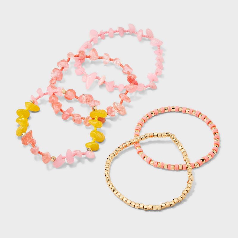 Stretch Bracelet with Semi Precious Dyed Cherry Quartz Set 5pc - Universal Thread&#8482; Pink/Gold, 1 of 6